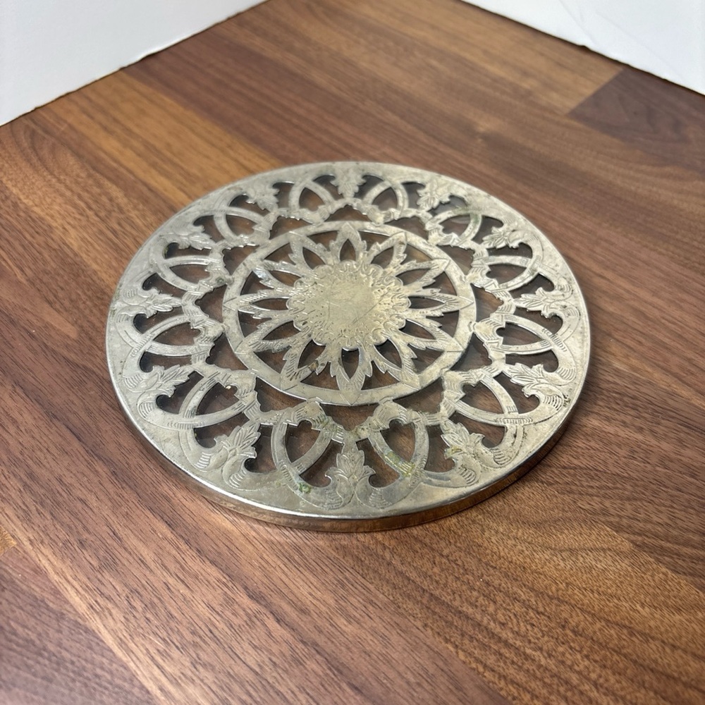 Glass Trivet with Silver Overlay Engraved Design 6" Diameter Hot Plate